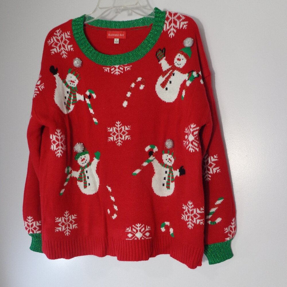 BLIZZARD BAY‎ Snowman & Candy Canes Themed Ugly Christmas Red Sweater Size L